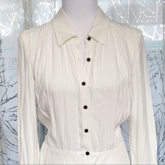 BA&SH Nida white collared long sleeve elastic waist hugging button up midi dress - Picture 7 of 16